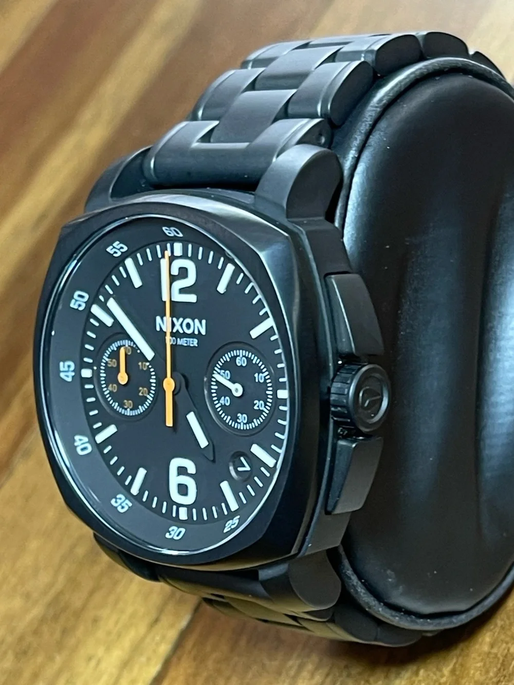 Nixon Charger Black Stainless Steel Chronograph Watch with Orange Hands